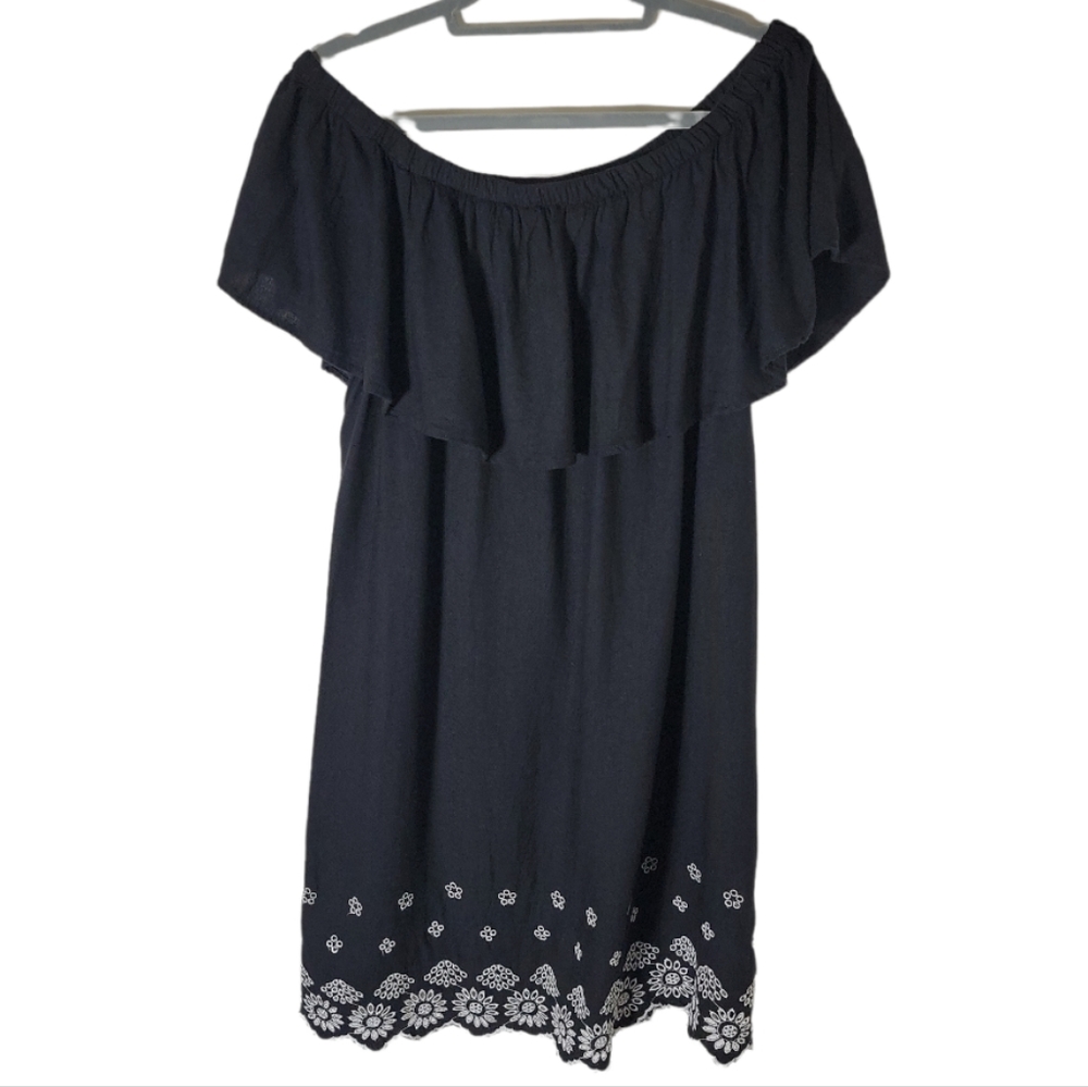 Old Navy black white eyelet embroidered off shoulder ruffle dress women's large